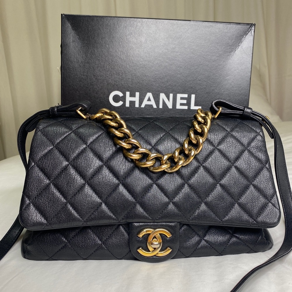 Rare Chanel Large Trapezio Flap Bag Black Gold chain hardware box Dustbag